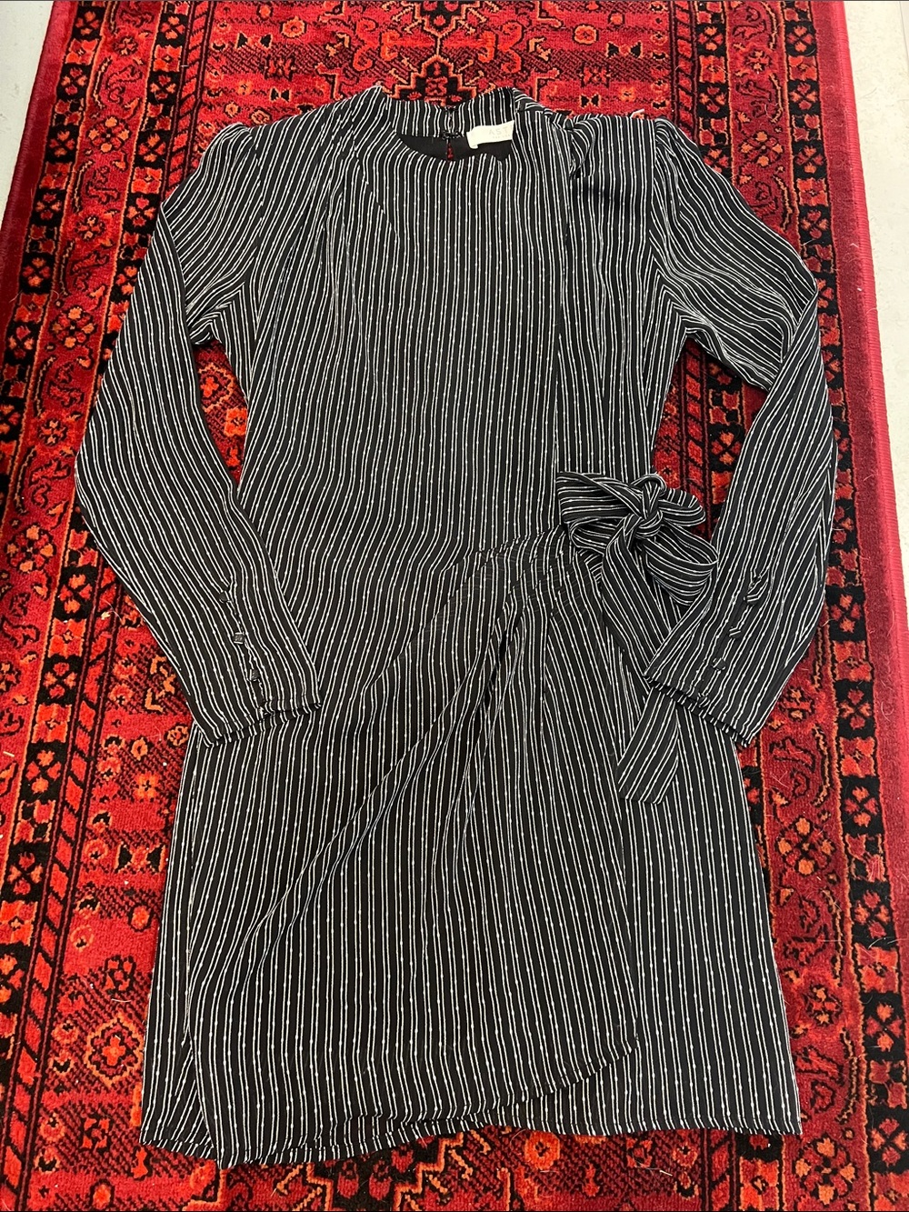 Astr Striped Black and White Tie-Waist Crewneck Dress